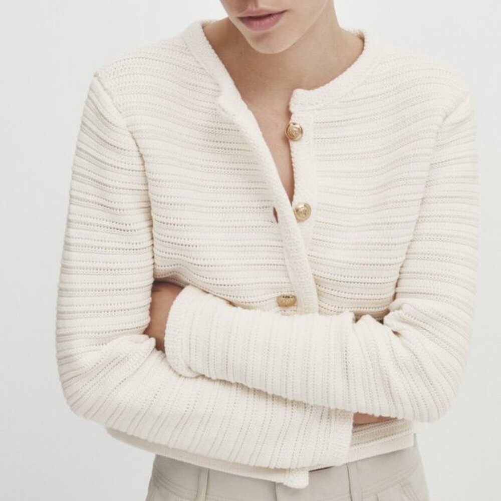 Massimo Dutti Women's L Textured Knit Cardigan w/ Gold Buttons Cream